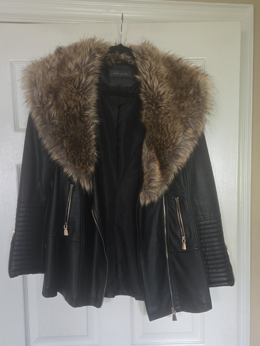 Suzy Shier Black Faux Leather Jacket with Removable Brown Faux Fur Collar
